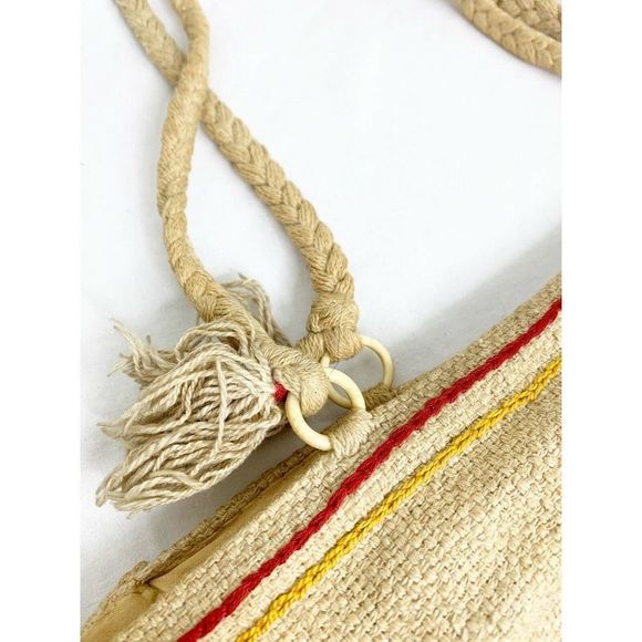 Vtg Bohemian Burlap Embroidered Tote Bag w/ Rope - Picture 3 of 5